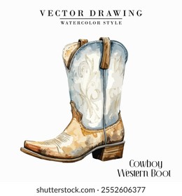 Cowboy Western Boots Vintage estilo aquarela Vetor Stock