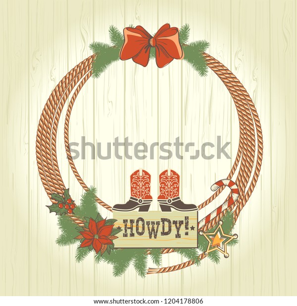 Cowboy Western Christmas Wreath Traditonal American Stock Vector