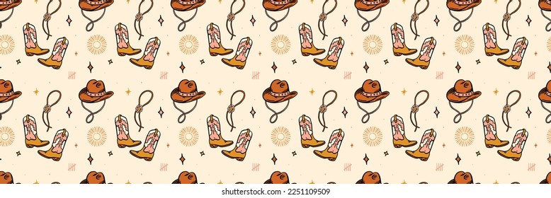 Cowboy Western Cowgirl Boots and Hat Boho Hand-Drawn Seamless Pattern Illustration Earthy Colors