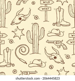 Cowboy Western Doodle nahtloses Muster. Handgezeichneter Skizzenstil. Cowboyschuh, Kuhschädel, Pistole, Kaktuselement. Wilde Westvektorgrafik.