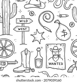 Cowboy western doodle seamless pattern. Hand drawn sketch line style. Cowboy shoe, cow skull, gun, cactus element. Wild west vector illustration.