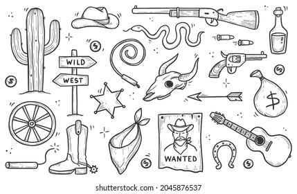 Cowboy western doodle set. Hand drawn sketch line style. Cowboy hat, cow skull, gun, cactus element. Wild west vector illustration.