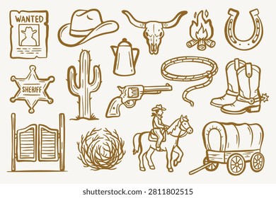 Cowboy western doodle set with hat, boot, revolver, horse, wagon, cactus and sheriff elements in hand drawn vintage outline style