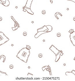 Cowboy western elements icon. hat, neckerchief, boots, horseshoe, bag and money, pistol. Seamless pattern wild west set of vector illustrations.