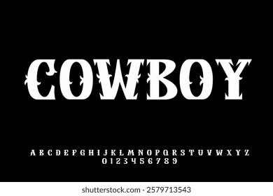 COWBOY western font. Western Font glyphs, set of alphabet letters and number vector illustration.