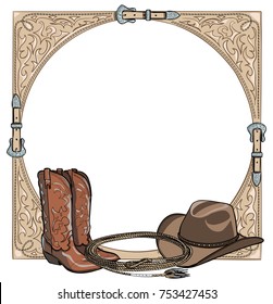 Cowboy western horse equine riding tack tool in the western leather belt frame. Boot, hat, lasso rope. Hand drawing cartoon vector background, template or copy space.