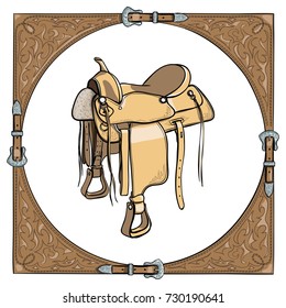 Cowboy western saddle in the leather frame background  Vector cartoon hand drawn illustration horse tack gear  Equestrian tools for horse riding 