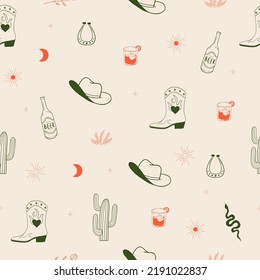 Cowboy western seamless pattern. Wild west elements collection. Cowboy boots, horseshoe, cowboy hat, snake, beer, cactus. Hand drawn trendy vector illustration