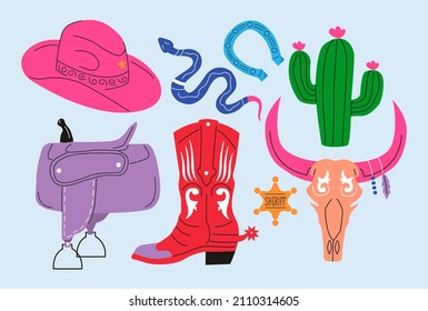 Cowboy western theme; wild west concept. Various objects. Boots; cactus; snake; skull; saddle; horseshoe; sheriff badge star. Hand drawn colorful vector set. All elements are insolated