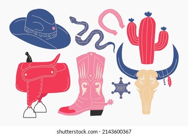 Cowboy western theme; wild west concept in violet and pink. Various objects. Boots; cactus; snake; skull; saddle; horseshoe; sheriff badge star. Hand drawn colorful vector set. Elements are insolated
