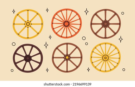 Cowboy western theme wild west concept.Hand drawn colorful vector set. Elements are isolated.Different set of wooden wheels. Hand drawn colored flat vector illustration.