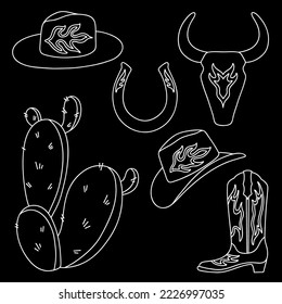 Cowboy western vector collection. Cowboy boot, hat, bull skull, horseshoe, cactus in silhouette.