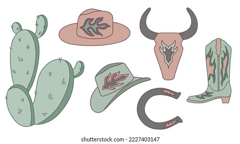 Colección vectorial occidental de Cowboy. Bota de vaca, sombrero, cráneo de toro, herradura, cactus.