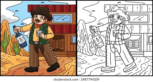 Cowboy with Whiskey Coloring Page Illustration