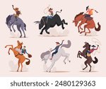 Cowboy. Wild bull riders man with lasso riding on horse exact vector cowboy illustrations