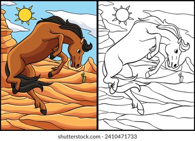 Ilustración de la página de Coloración de Caballos Salvajes de Cowboy