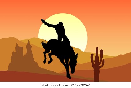 Cowboy in wild horse with desert sunset landscape scene background vector illustration design.