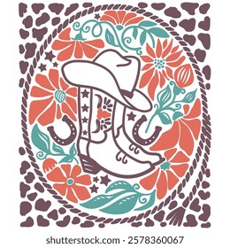 Cowboy Wild West boots with floral decoration and rope frame. Vector wild west colors illustration 