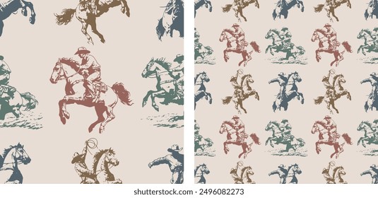 Cowboy Wild West Bucking Horse Rodeo Vintage Seamless Pattern Vector Illustration Earthy Colors