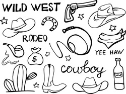 Cowboy. Wild West. Life Style. Cowboy Doodle. Desert. Snake. Cactus. America. Sheriff. Saloon. Binge. Hat.