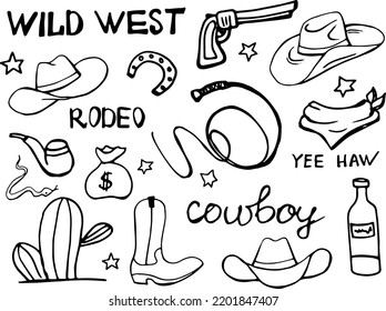 Cowboy. Wild West. Life Style. Cowboy Doodle. Desert. Snake. Cactus. America. Sheriff. Saloon. Binge. Hat.