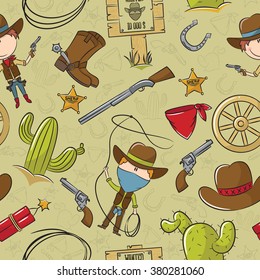  Cowboy With Wild West Objects Seamless Pattern