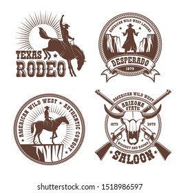 Cowboy Wild West Rodeo Vintage Logo. Cowboy Horse Rider Silhouette Vintage Emblem. Vector Illustration.