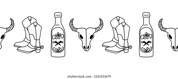 Cowboy Wild West seamless vector border. Cowboy boots, bull skull, beer bottle horizontal repeating pattern. Wild West surface design black white for trim, banner, footer, header, divider, decor.