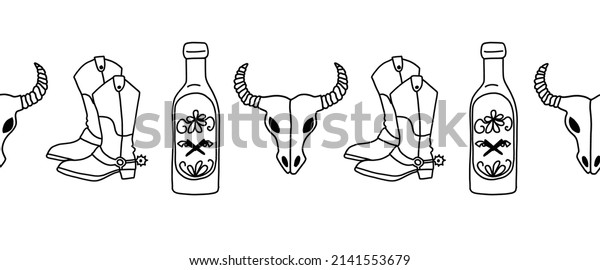 Cowboy Wild West seamless vector border. Cowboy\
boots, bull skull, beer bottle horizontal repeating pattern. Wild\
West surface design black white for trim, banner, footer, header,\
divider, decor.