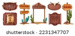Cowboy wooden sign board, vector western wanted paper banner, cartoon game UI frame set, cactus. Timber saloon vintage door, road arrow rod, old plank shield, desert background. Western board kit