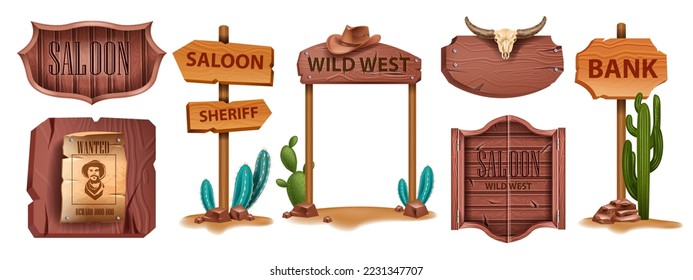 Cowboy wooden sign board, vector western wanted paper banner, cartoon game UI frame set, cactus. Timber saloon vintage door, road arrow rod, old plank shield, desert background. Western board kit