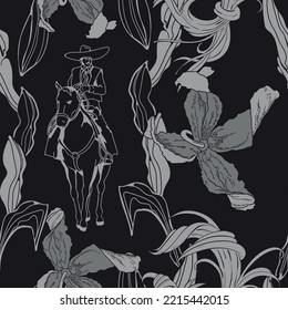 Cowboy,plants,wild flowers on the original drawing for fabrics and paper. Monochrome colors, black background.