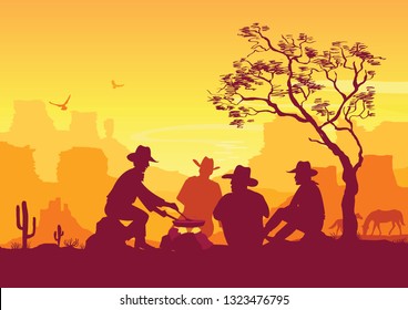 Cowboys Around A Campfire. Western American Desert Landscape Background