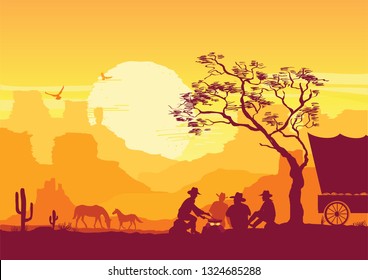 Cowboys Around A Campfire. Western American Desert Landscape With Cactuses And Mountains Background