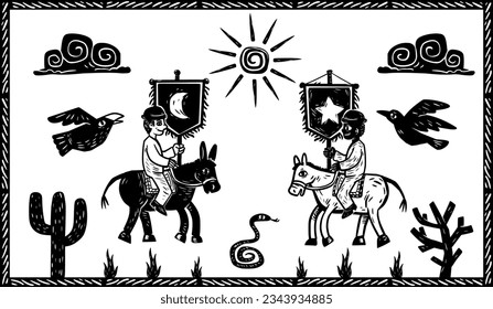 Cowboys with banners. Scenery of Northeast Brazil. Woodcut style and cordel literature