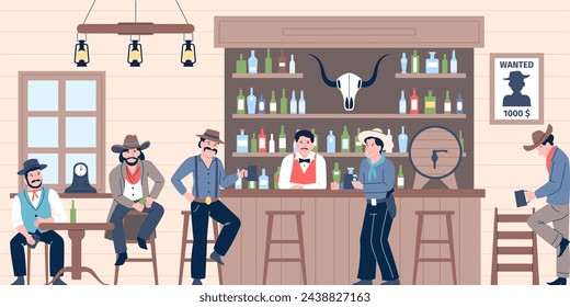 Vaqueros en el bar. Personajes masculinos de estilo salvaje oeste bebiendo alcohol en el pub. Los vaqueros llevan sombrero y traje tradicionales. Estilo de vida de Texas. Escena vectorial reciente