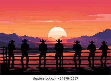 Cowboys by the fence at sunset