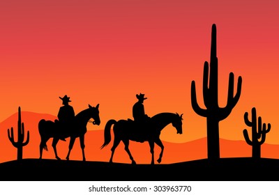 Cowboys and Cactus at Evening