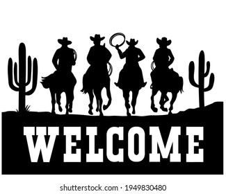 Cowboys driving horses silhouette. American Desert Cowboy welcome sign with cactuses. Vector Black silhouette of Arizona Desert Graphic illustration isolated on white