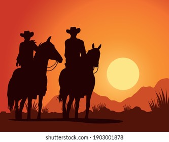 cowboys figures silhouettes in horse characters sunset lansdscape scene vector illustration design