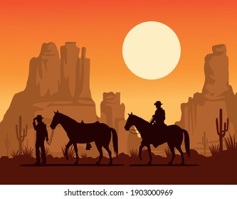 cowboys figures silhouettes in horses in the desert vector illustration design