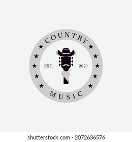 Cowboys guitar, country music logo retro illustration template download. Vector illustration