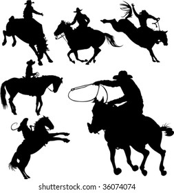 Cowboys on horses silhouettes on a white background.