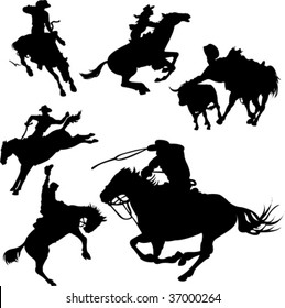 Cowboys on horses silhouettes on a white background.