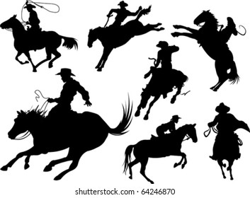 Cowboys on horses silhouettes on a white background.