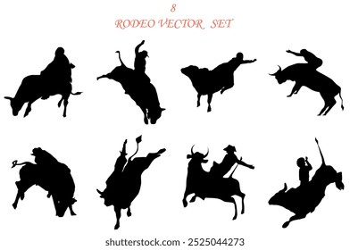 Cowboys riding bulls in rodeo contest.Silhouette of cowboys handling bulls in various dynamic positions showing the fierceness of the event.Rodeo outline eps10 vectors isolated on white background.