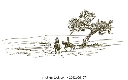 Cowboys riding a horse near a tree. Hand drawn illustration.