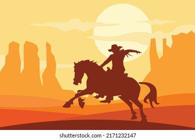 Vaqueros montando caballos por la tarde mirando la silueta del cielo dorado