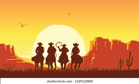 Cowboys riding horses at sunset. Vector prairie landscape desert with sun