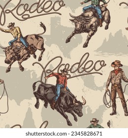 Cowboys rodeo colorful pattern seamless with men from wild west trying to cope with jumping bulls vector illustration